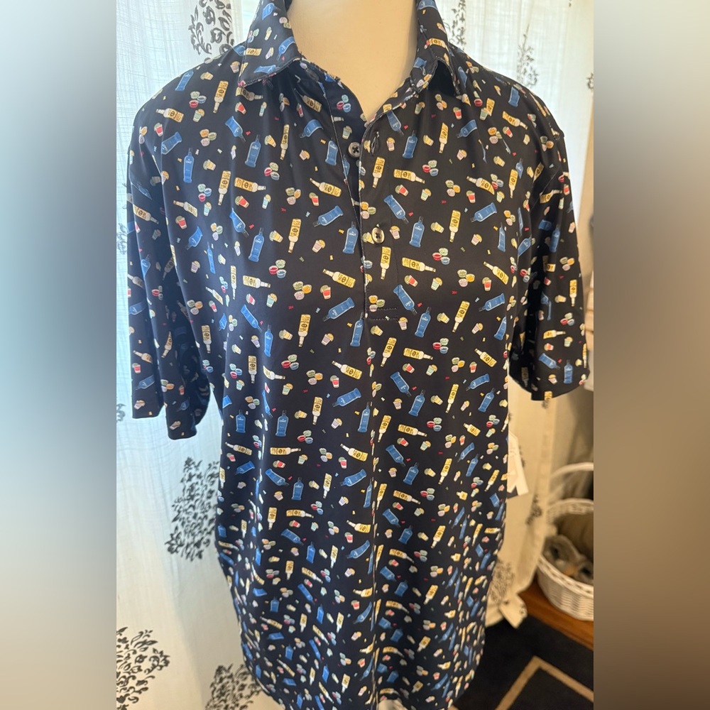 Black short sleeve casual button-down shirt with Tito‘s bottles and Jell-O shots